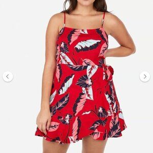 Express LIKE NEW red tropical ruffle wrap dress smocked back adjustable strap S
